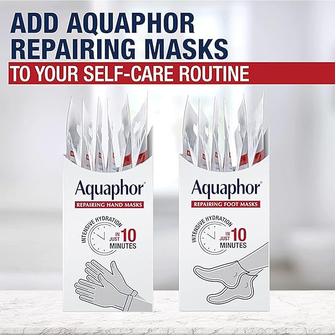 Aquaphor Repairing Hand and Foot Masks Set with Avocado Oil and Shea Butter, Manicure and Pedicure Supplies and At Home Spa Gifts, For Dry Hands and Cracked Feet, 6 Each, Pack of 12