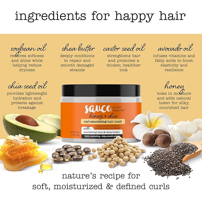 SAUCE Hair Mask, Honey Chia Smoothing Curl Mask (10.5 FL Oz) Frizz Control & Deep Conditioning with Shea Butter, Curly & Coily Hair, No Parabens & Sulfates