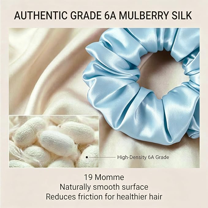 ZLYC 100% Mulberry Silk Hair Tie Scrunchie 19 Momme Gentle Creaseless Dent-Free Ponytail Holder for Women, 6cm Solid Dusty Blue