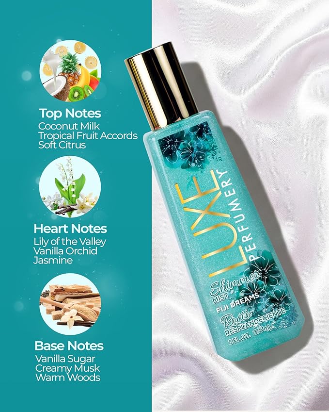 Luxe Perfumery Fiji Dreams Shimmer Body Mist – Body Glitter Spray with Coconut, Lily of the Valley & Vanilla Orchid Notes, Radiant Glow Shimmer Spray for Women, Gift for Her, Made in USA, 8 fl oz
