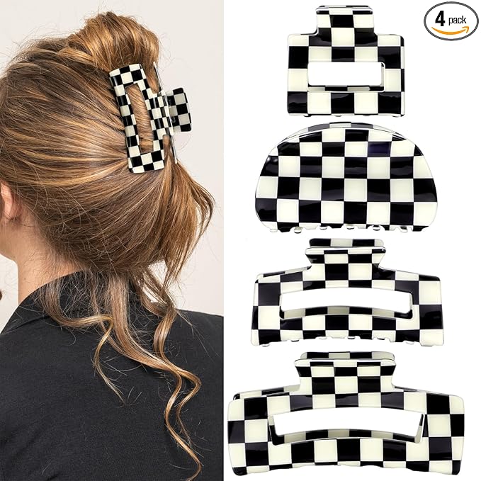 4Pcs Checkered Hair Claw Clips, Non-Slip Hair Jaw Clips for Thick, Thin, Curly, Straight, Long Hair, Simple Style Black and White Square Claw Clips, Women's Hair Accessories