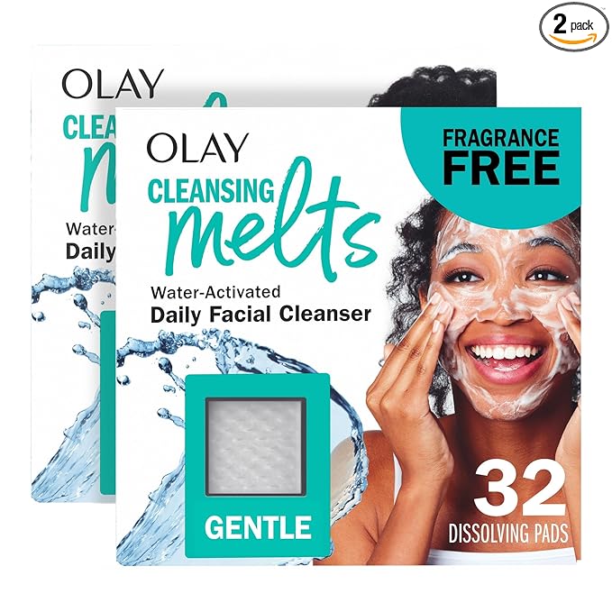 Olay Face Wash, Gentle Cleansing Melts, Fragrance-Free, Daily Use Cleanser, For All Skin Types, Travel Size, Water-Activated to Clean, Tone, and Refresh, 64ct (2 Pack x 32ct)