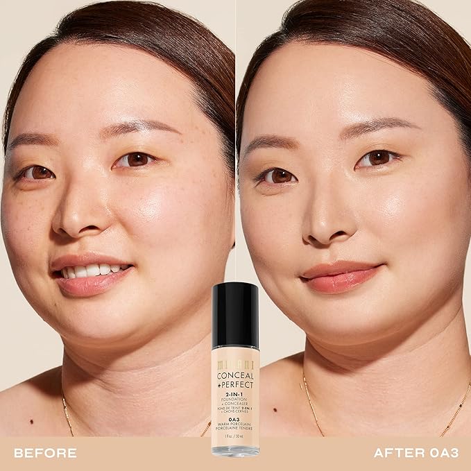 Milani Conceal + Perfect 2-in-1 Foundation + Concealer for a Flawless Complexion, Under Eye Corrector, Cover Redness and Imperfections, Waterproof and Sweatproof - 0A3-Warm Porcelain