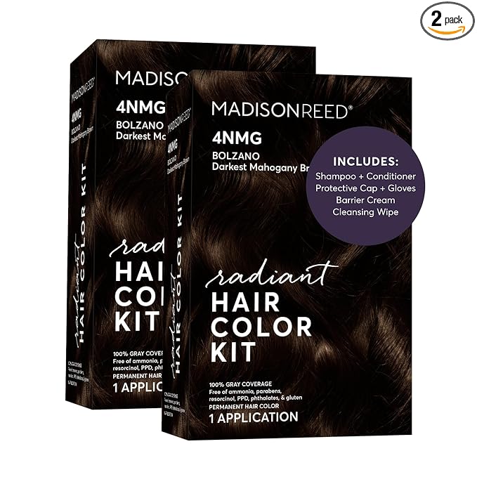 Madison Reed Radiant Hair Color Kit - 4NMG Darkest Chocolate Brown with Warm Mahogany Tones (Bolzano), Dimensional Gray Hair Blending Permanent Hair Dye, PPD-Free & Ammonia-Free, 2 Pack