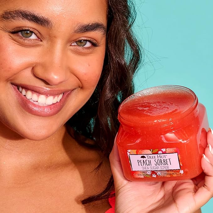 Tree Hut Peach Sorbet Shea Sugar Scrub, Exfoliating, Hydrating & Moisturizing Body Scrub with Shea Butter & Nourishing Essential Oils, Smooth & Soften Skin, 18 oz (Pack of 2)