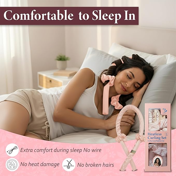 Satin Heatless Curling Set - Soft Curlers to Sleep In, Overnight Heatless Curls for Long Hair, Shoulder Length, Overnight Hair Curlers for Frizz-Free, No Heat Damage Styling, Gift for Teen Girl,Women
