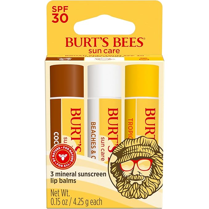 Burt’s Bees SPF 30 Lip Balm, Island Getaway - Coco Loco, Beaches & Cream, Tropic Like It's Hot, Water-Resistant Sun Care, Natural Origin Lip Treatment, 3 Tubes, 0.15 oz (Pack of 12)