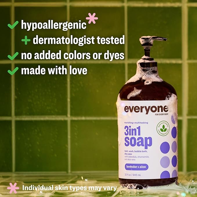 Everyone 3-in-1 Soap, Body Wash, Bubble Bath, Shampoo, 32 Ounce (Pack of 2), Lavender and Aloe, made with Essential Oils for Men and Women