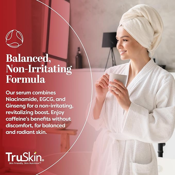 TruSkin Caffeine Face & Eye Serum - Energizing 5% Caffeine Serum with EGCG Niacinamide Matcha and Ginseng - Improve Look of Under Eye Dark Circles and Puffiness, 1 fl oz
