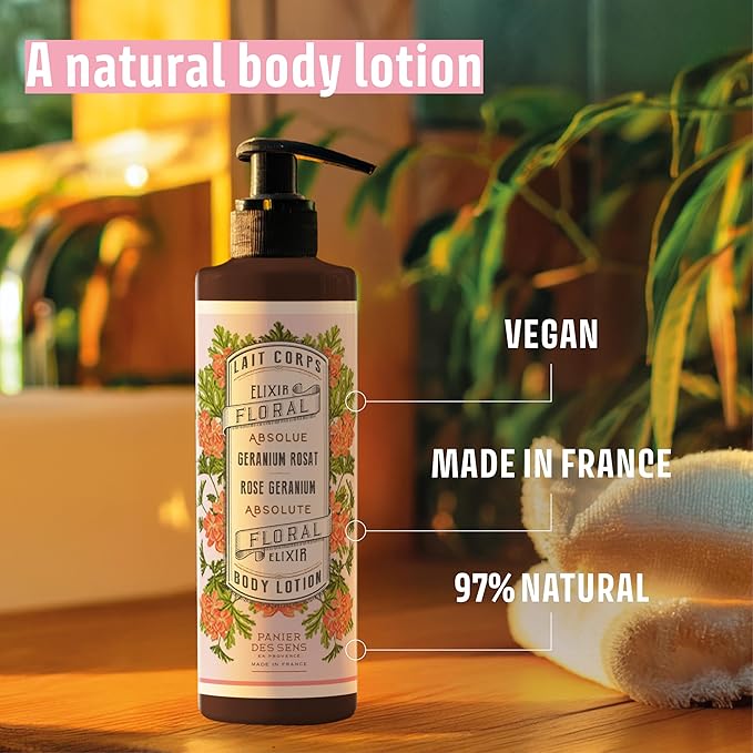 Panier des Sens – Geranium Hand & Body Lotion for Dry Skin - Hydrating Body Cream for Women - Nourishing Fluid Body Moisturizer Shea Butter & Olive Oil - 97% Natural Ingredients Body Care - 8.45 Floz