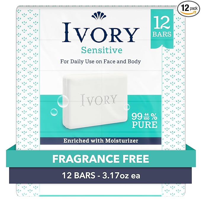 Ivory Sensitive Bar Soap, Designed for Whole Family, Fragrance Free, 99.44% Pure Formula, Plant-Based Cleanser, Made Without Heavy Perfume, Parabens, Phthalates, For All Skin Types, 3.17 oz (12 Count)