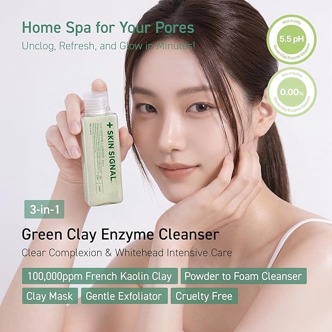Green Clay Enzyme Cleanser, Whitehead Remover Powder Cleanser, Deep Pore Cleansing with PHA, Gentle Exfoliating Face Wash, Facial Scrub for Blemish-Prone Skin, Korean Skin Care