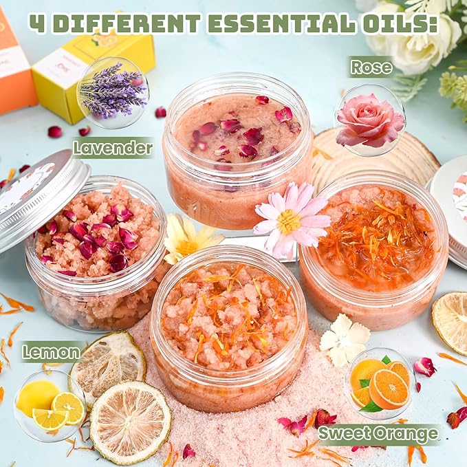 JUYRLE Body Scrub Making Kit- DIY Pink Salt Body Scrub Kit with Almond Oil, Essential Oils, Moisturizing and Exfoliating Dry Skin Hand Foot DIY Organic SPA Kit Gifts For Women & Men