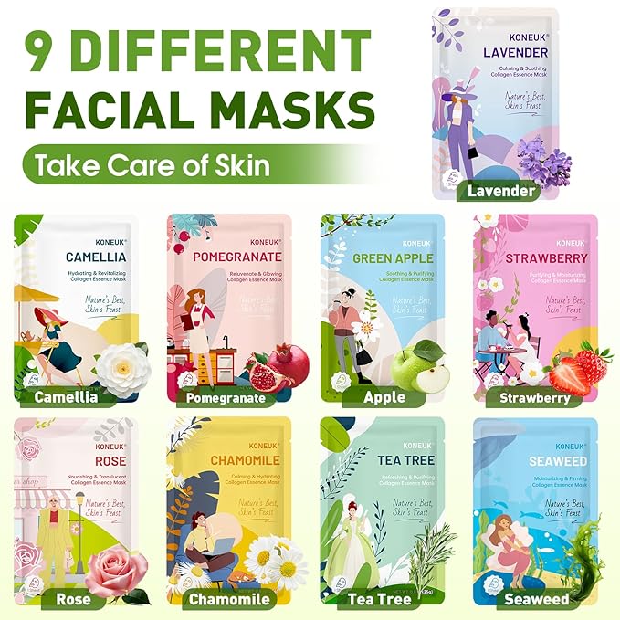 KONEUK 72 Pack Bulk Hydrating Face Masks Skincare, Collagen Sheet Face Mask for Dry, Oily Skin, Spa Gifts for Women Skin Care, Mothers Day Gifts, Nurses Week Gifts, Birthday Gifts (9 Types x 8 Pcs)