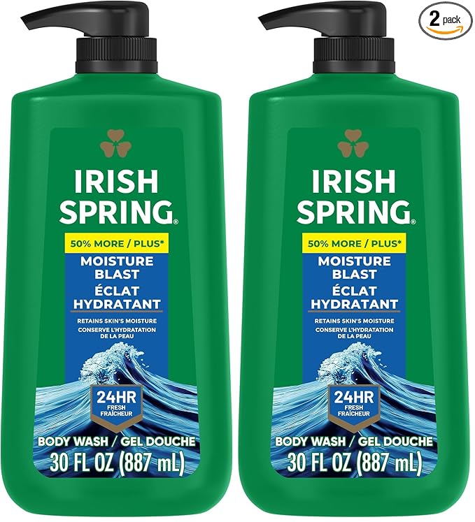 Irish Spring Mens Body Wash, Moisture Blast Body Wash for Men, Feel Fresh All Day, 30 Oz Pump Bottle (Pack of 2)