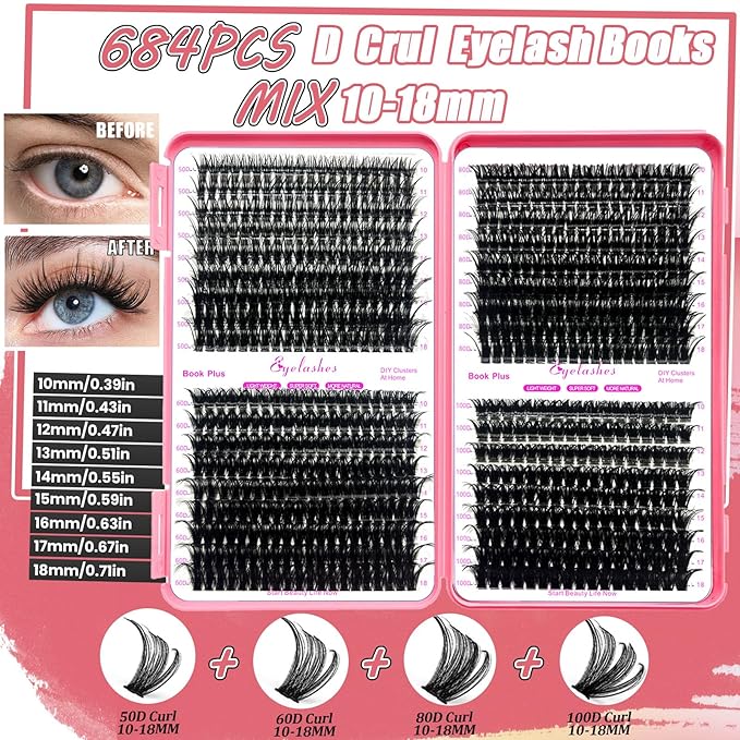 DNSGOOR DIY Lash Extension Kit 684Pcs 10-18mm D Curl Lashes Clusters with Lash Bond and Seal Glue Remover Lash Shampoo Cleansing Brush Headband Wristband Tweezers Eyelash Brush Applicator