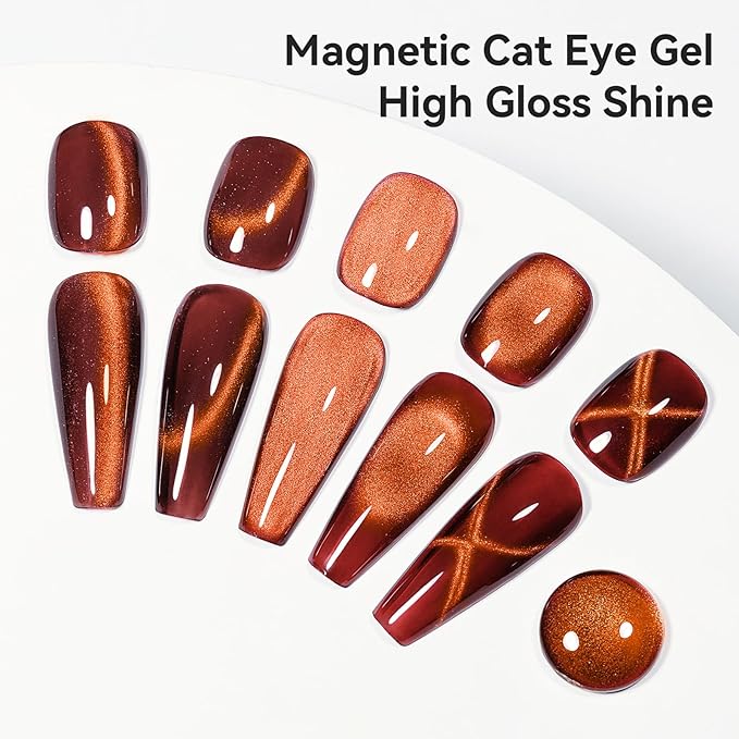 Red Gel Nail Polish, Magnetic Smooth Cat Eye Nail Polish Red Brown Color Shimmer UV Glitter Holographic Cateye Gel Polish with Magnet Manicure Salon DIY at Home