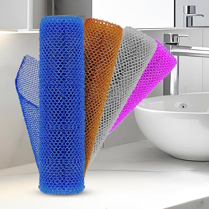 4 Pieces African Net Sponge for Deep Exfoliation – African Net Sponge Authentic, Exfoliating Washcloth, Quick-Drying African Net for Smooth & Glowing Skin(Brown, Blue, Purple,Grey)
