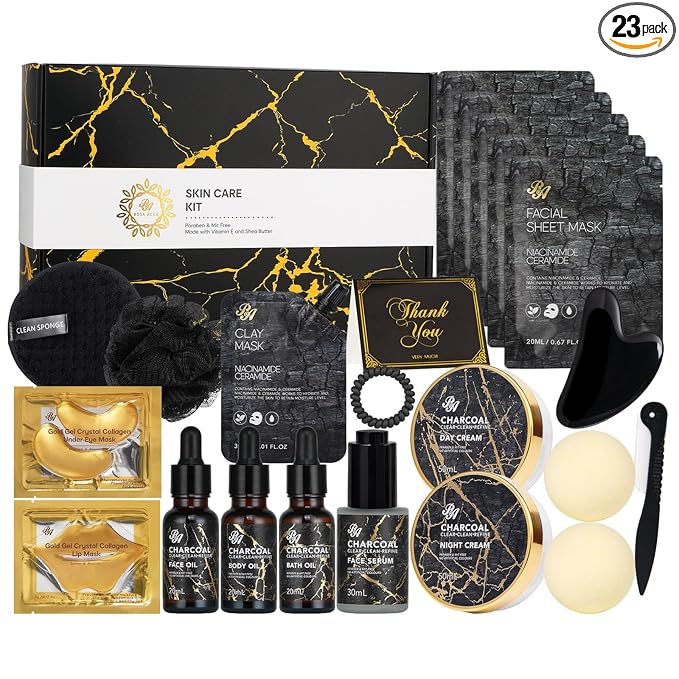 23 Pcs Mother's Day Gift for Mom, Charcoal Skin Care Set for Women & Men, Bath and Body Gifts Basket Kit, Home Spa Gift Set, Self-Care Set, Birthday Gifts, Bath Bombs, Christmas, Anniversary,Wife, Dad