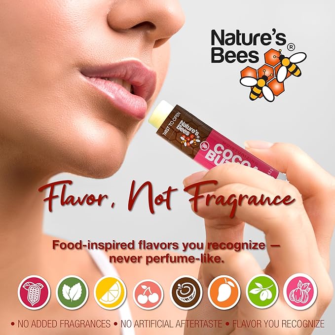 Nature's Bees Cocoa Butter Lip Balm, Lip Care for Dry Lips, Coconut Oil, Beeswax, Vitamin E, Aloe, & Shea Butter, 0.15 oz Each, 3 Flavors Coconut, Cherry, and Mint, 24 Pack - Packaging May Vary