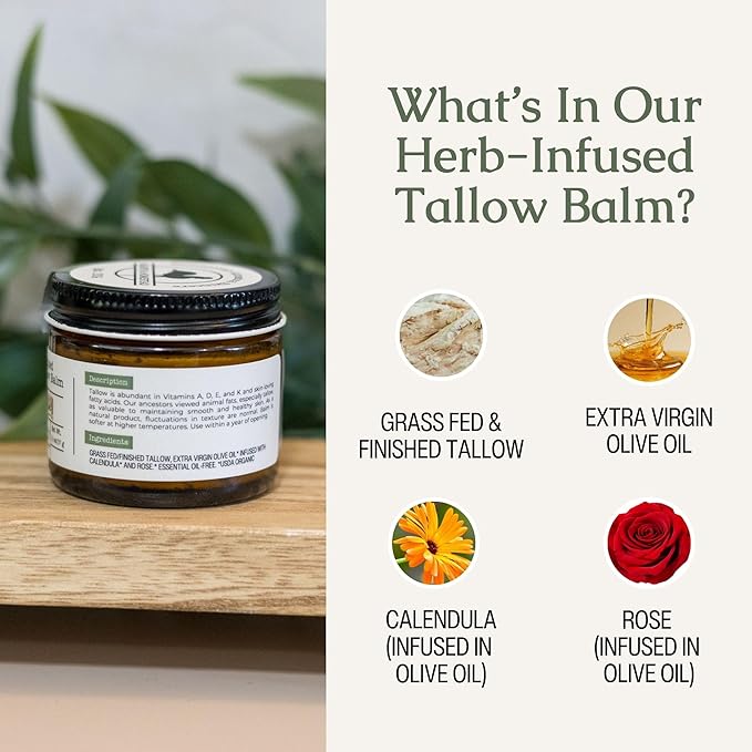 Hearth & Homestead Whipped Beef Tallow for Skin & Face - 100% Grass Fed, Eczema Cream & Body Butter - Organic Olive Oil, Calendula & Rose - Lotion & Hand Moisturizer for Dry Skin, Unscented, 1.3oz