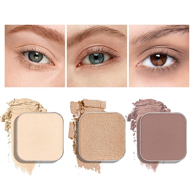 3-Color Single Eyeshadow Refill Set – Ivory, Champagne & Cool Brown, Matte & Shimmer, Highly Pigmented & Long-Lasting, 1.02” (26mm) Square Metal Pans, No Case, Fits Magnetic Palettes