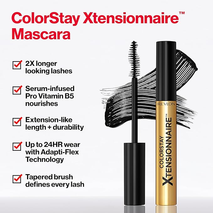 Revlon ColorStay Xtensionnaire Lengthening Lash Serum and Mascara In One, Tapered Brush for 2X Longer Looking Eyelashes, Infused with Pro Vitamin B5, Smudge-Proof, 203 Black Brown