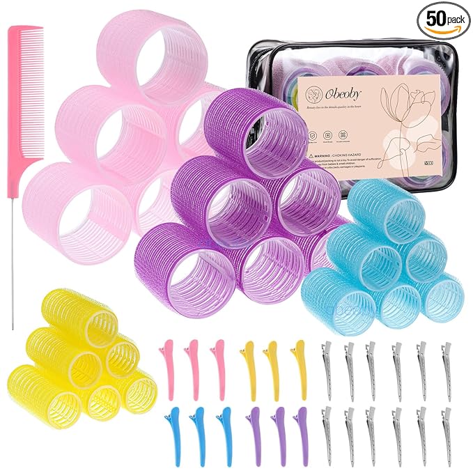 4 Sizes Self-Grip Hair Rollers Set - 50 Pcs with Clips in 4 Colors, Jumbo Rollers for Long, Short Hair and Bangs (25mm, 36mm, 48mm, 60mm)