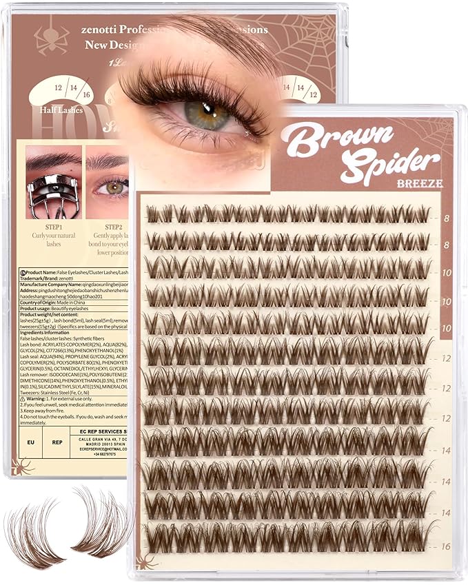 Spider Breeze Lash Clusters Brown Eyelash Clusters D Curly Wispy Cluster Eyelash Extensions Natural Brown Spider Lashes Cluster with Invisible Band Fluffy Individual Lashes 8-16mm by zenotti