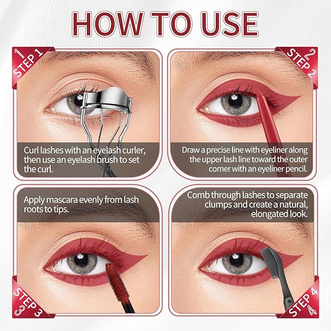 Burgundy Mascara and Eyeliner Set,5D Colored Mascara Volume and Length Waterproof,Natural Curling Lengthening,Suitable for Women Eye Makeup