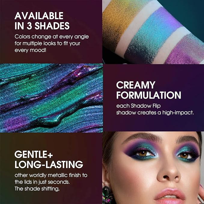 Metallic Liquid Chameleon Eyeshadow, Multi-Dimensional Eye Looks, Long-lasting Holographic Glitter Multichrome Eyeshadows Makeup (#Peacock+Wonder+Ember)
