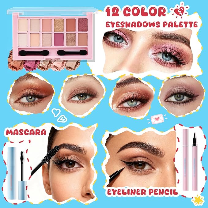 Color Nymph All In One Makeup Kit For Teens Girls with Cute Makeup Handbag, Makeup Gift Set for Women Full Kit Includes Eyeshadow Blush Contour Highlighter Lipgloss Mascara Eyeliner and Mirror
