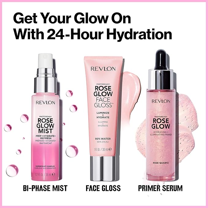 Revlon PhotoReady Face Gloss Rose Glow Primer, Makeup for All Skin Types, Hydrates, Illuminates & Moisturizes, Infused with Glycerin & Olive Oil Extract, 80% Water, 1 Fl Oz (Pack of 2)