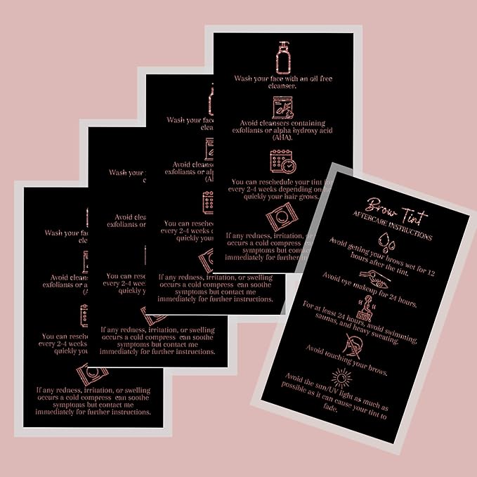 Brow Tint Aftercare Instruction Cards | 50 Pack | 2 x 3.5” inches Business Card Size | Starter Lift Kit with Tint at home diy aftercare supplies | Black with Rose Gold Design