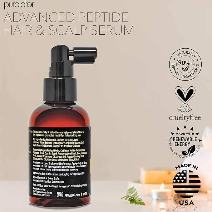 PURA D'OR Advanced Hair & Scalp Serum 3.38 oz – For Hair Thinning with Copper Tri-Peptide, Caffeine, Botanical Extract Blend, Fuller Appearance Strands – Vegan, Cruelty-Free Formula for Men & Women