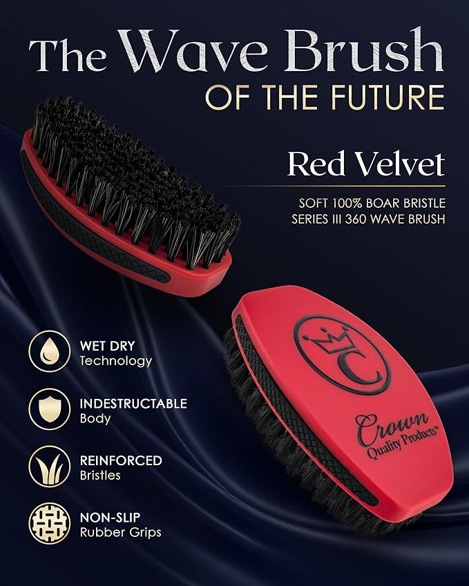 Crown Quality Products 360 Sport Wave Caesar 2.0 Boar Bristle Hairbrush, Soft, Red Velvet - Non-Slip Grip, Waterproof Design - The Ultimate 360 Wave Brush