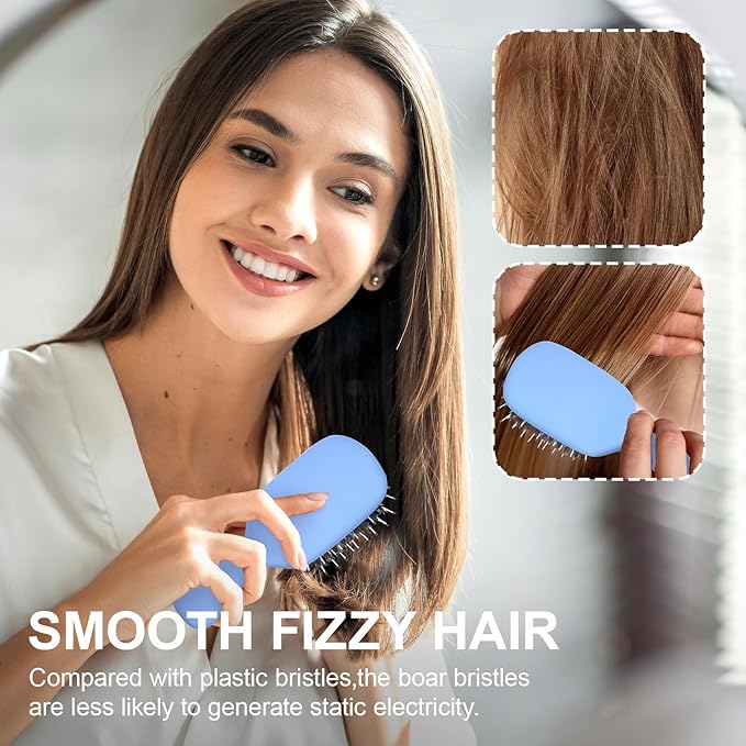 Mini Boar Bristles Hair Bursh, Travel Size Hair Brush for Women Men Kids, Protable Small Hair Brush for Pockets Purses, Mini Detangler Brush for Smooth Add Shine(Blue)