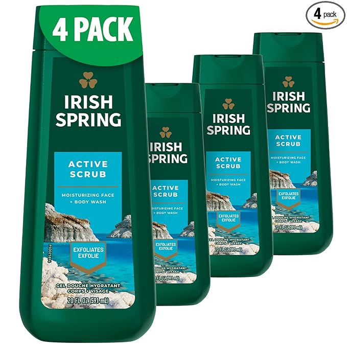 Irish Spring Mens Body Wash, Active Scrub Exfoliating Body Wash for Men, 20 Fl oz (Pack of 4)
