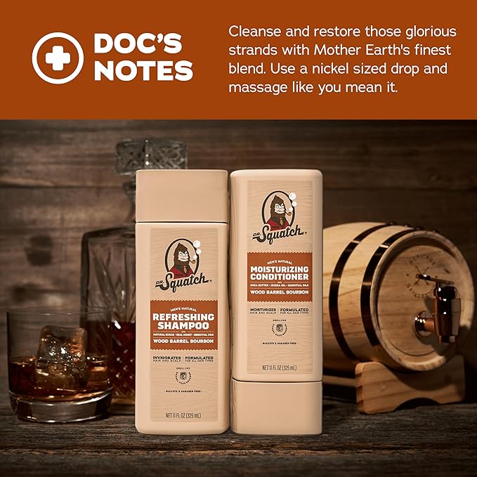 Dr. Squatch Men's Natural Shampoo and Conditioner Set – Sulfate & Paraben Free Natural Shampoo and Conditioner for Men – Scalp Nourishing Formula – Wood Barrel Bourbon (11 fl oz, 2-Pack)
