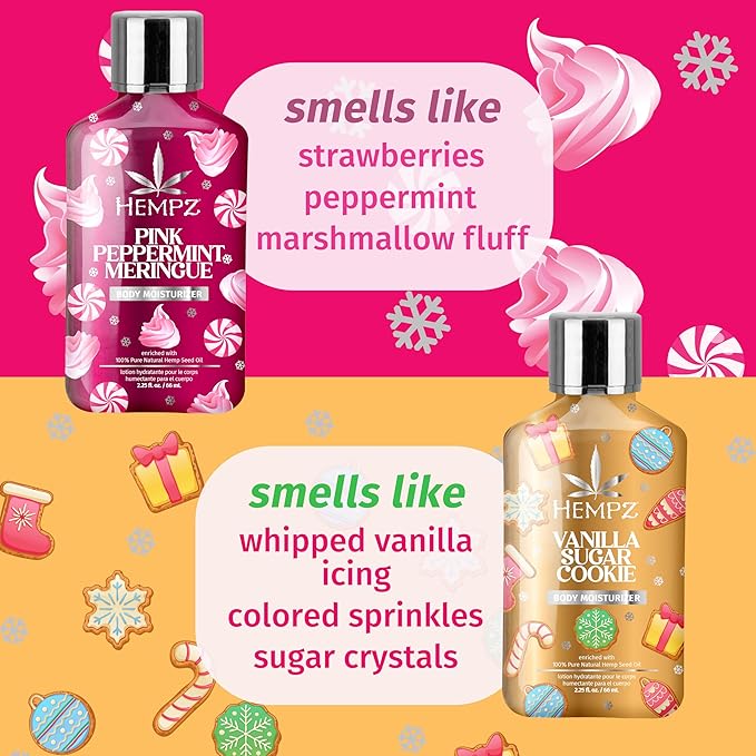 Hempz Holiday Mini Lotion Gift Set, Pink Peppermint & Frosted Vanilla Sugar Cookie Moisturizer, Sweets & Treats Duo, 2.25 oz