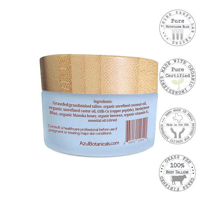 Copper Peptide GHk-Cu & Methylene Blue Infused Whipped Grass Fed Tallow Balm, Fine lines, Wrinkles, Eczema, Acne, Full body Moisturizer, For All Skin (3.4 oz)