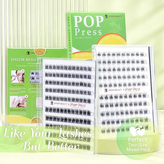 POP PRESS 8-10mm Petit 2-in-1 Self-Adhesive Lash Clusters Kit, 1-Minute Pre-Glued Press-On, Invisible Band, Includes Tweezers, All-Day No-Fall, Ideal for Daily No-Makeup