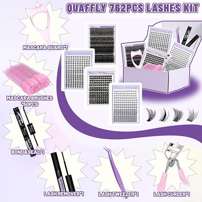 Lash Extension Kit 762 PCS Mixed Style DIY Lash Extension Kit With Lash Bond&Seal Remover Tweezer Mascara Shield Lash Curler and Brush for Self Application At Home
