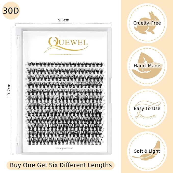 QUEWEL Lash Clusters 240Pcs Cluster Lashes 30D 0.07D Curl Mix8-14mm Individual Lashes Soft&Comfortable DIY Eyelash Extension at Home(30D 0.07D MIX8-14)