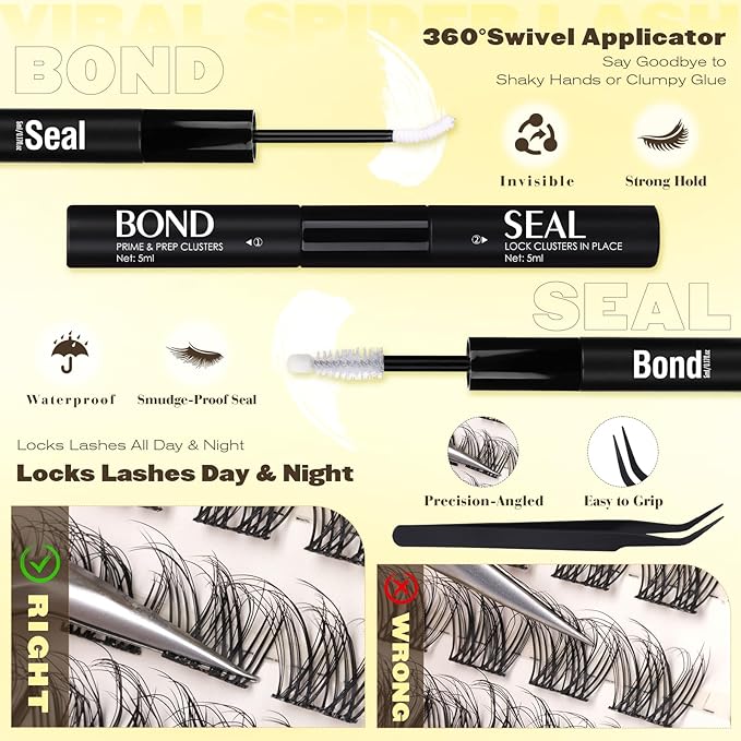 Lash Clusters Kit Natural Eyelash Clusters Kit with Cotton Band 10-16mm C Curly Wispy Cluster Eyelash Extensions Natural Fluffy Cluster Lashes for Beginners with Bond & Seal and Tweezers