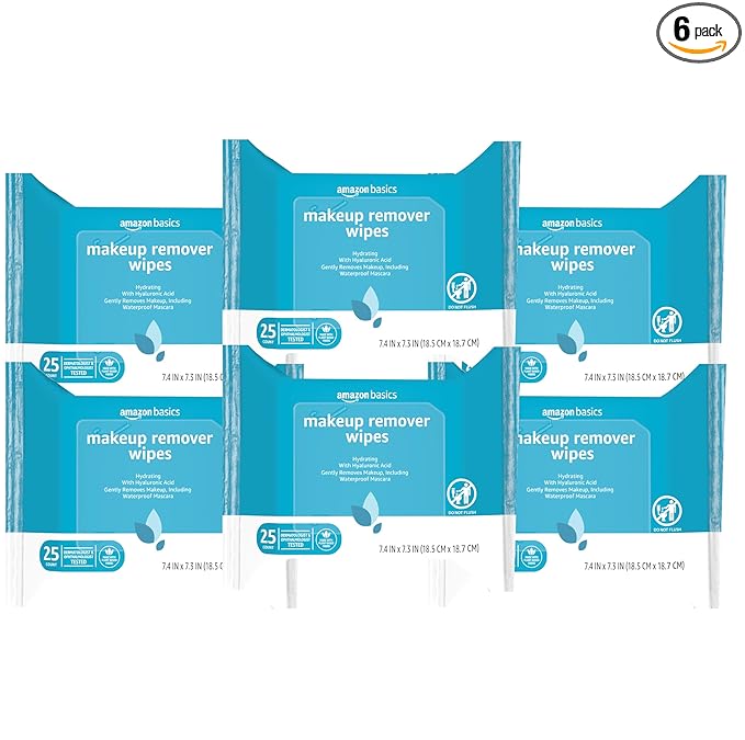 Amazon Basics Makeup Remover Wipes, Gentle Cleansing, Dermatologist Tested, Hydrating with Hyaluronic Acid, Plant-Based, Alcohol-Free, Removes Waterproof Mascara, No-Rinse Formula, 25 Count, 6-Pack