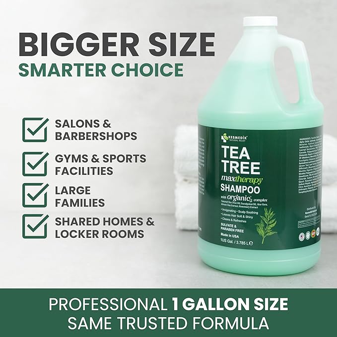 KESMEDIK Tea Tree Shampoo Refill, 128 fl oz (1 Gallon), Clarifying Deep Clean for Buildup, Dandruff & Flakes, Refreshes Scalp, Sulfate-Free, Professional Salon, Gym & Hotel Supplies