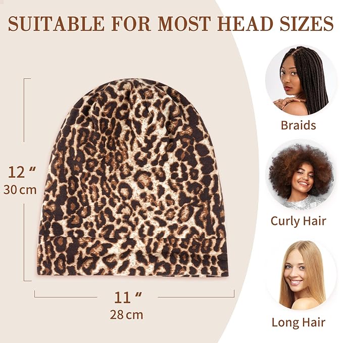 LULUSILK Mulberry Silk Bonnet for Sleeping Women, Real Silk Sleep Cap for Curly Hair and Braids, Pure Head Wrap with Scrunchies, Brown Leopard