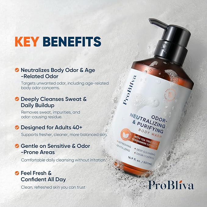 ProBliva Persimmon Body Wash & Soap for Aging Odor: Purifying & Odor-Neutralizing (500mL) for Older People Smell with Tea Tree Oil & Green Tea - Japanese Deodorizing & Eliminator for Adults & Seniors