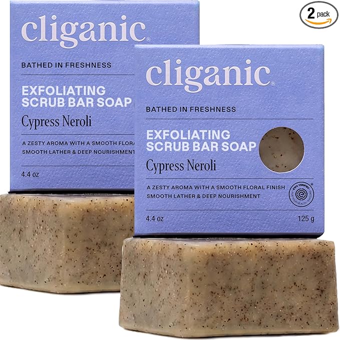 Cliganic Exfoliating Bar Soap – Body Scrub Soap with 98% Natural Ingredients Cleanses, Smooths & Revitalizes Skin, Moisturizing Soap Bar - Cypress Neroli (2 Pack)